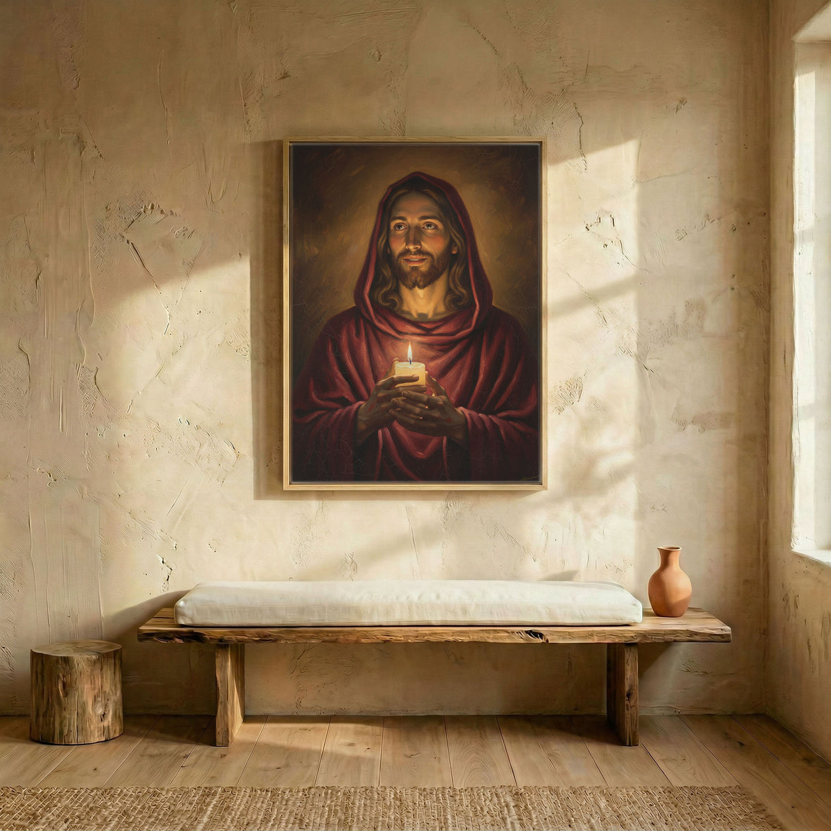 Jesus Light of the World oil painting canvas in wood frame above rustic bench in sunlit entryway