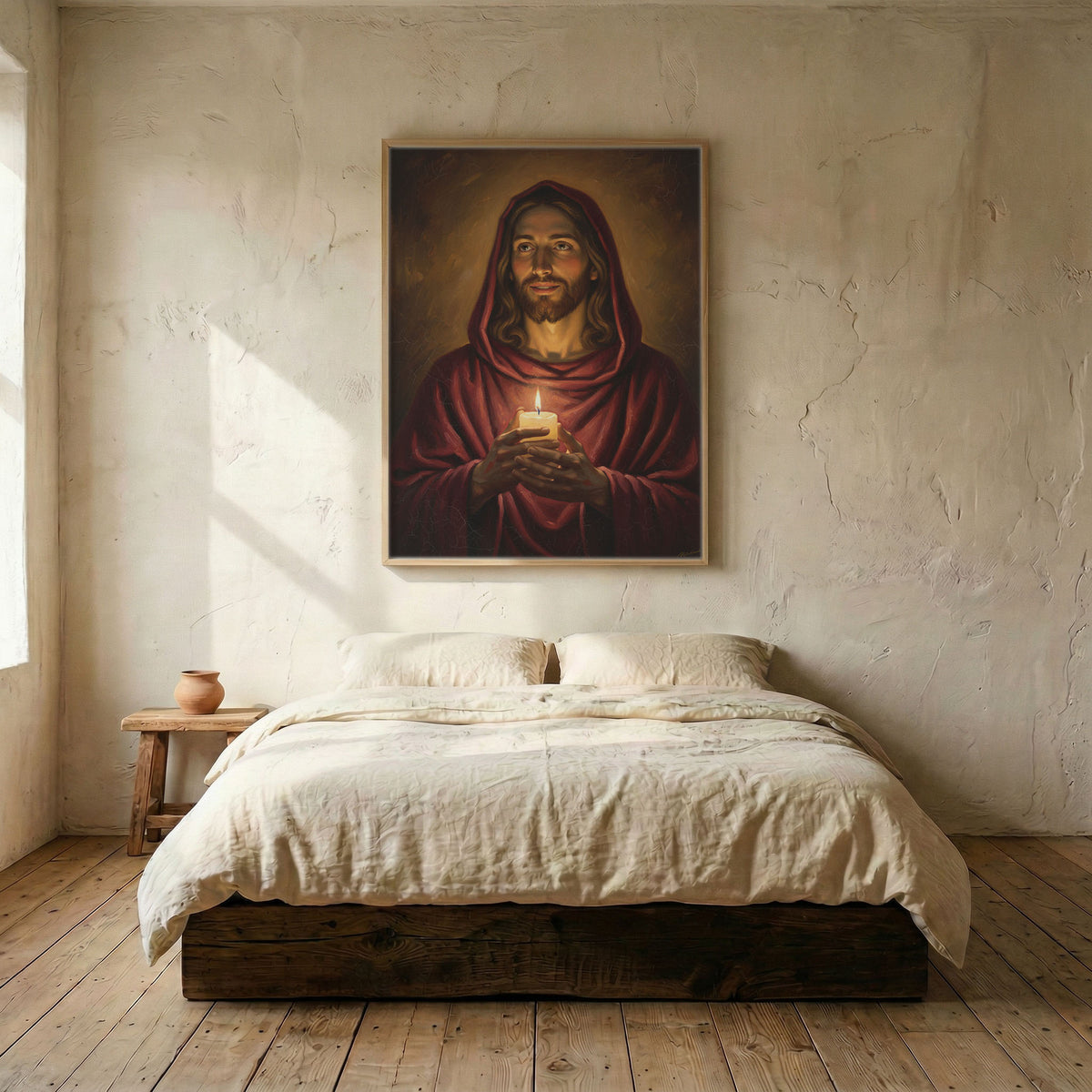 Jesus candle religious canvas in wood frame mounted above linen platform bed in serene bedroom