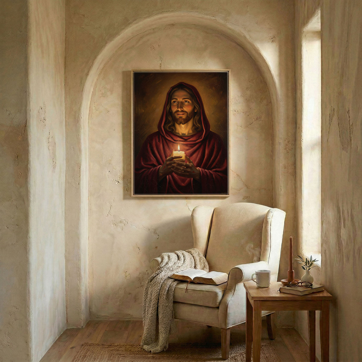 Jesus portrait art in wood frame in arched alcove above wingback chair with open Bible and candle