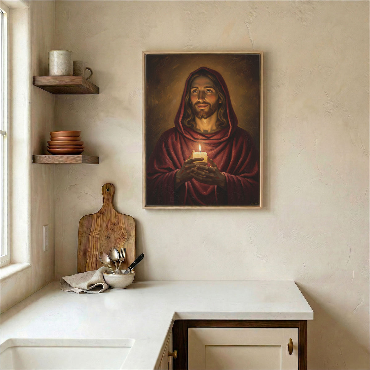 Jesus Light of the World canvas in wood frame on kitchen wall in warm neutral farmhouse interior