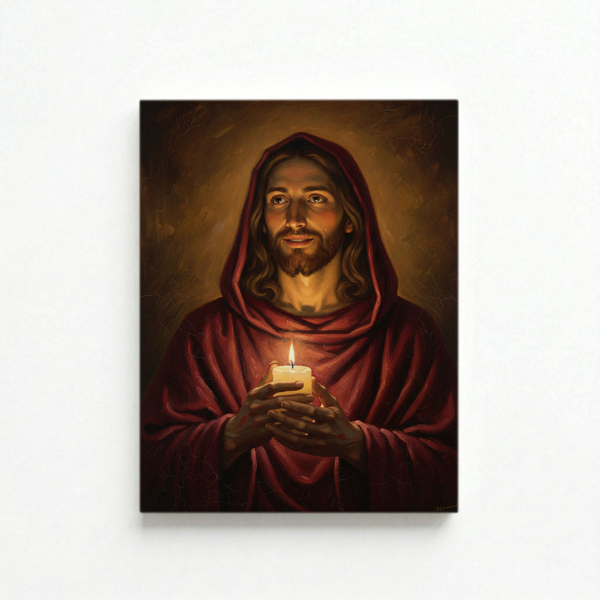 Vertical canvas of Jesus holding a candle in a red robe on a white background