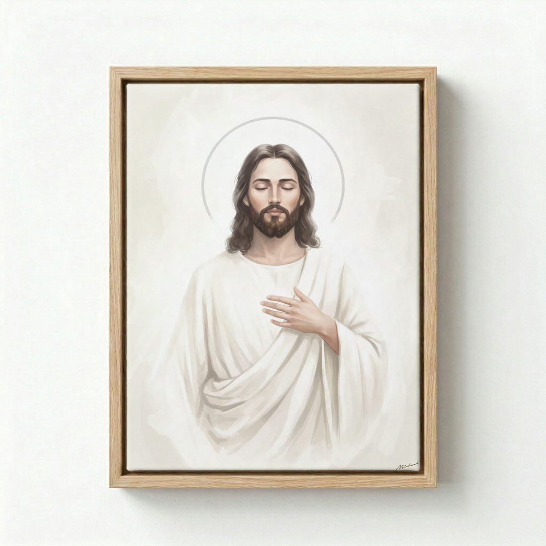 Black framed canvas with Jesus Christ portrait in white robe and golden halo on a neutral grey background.