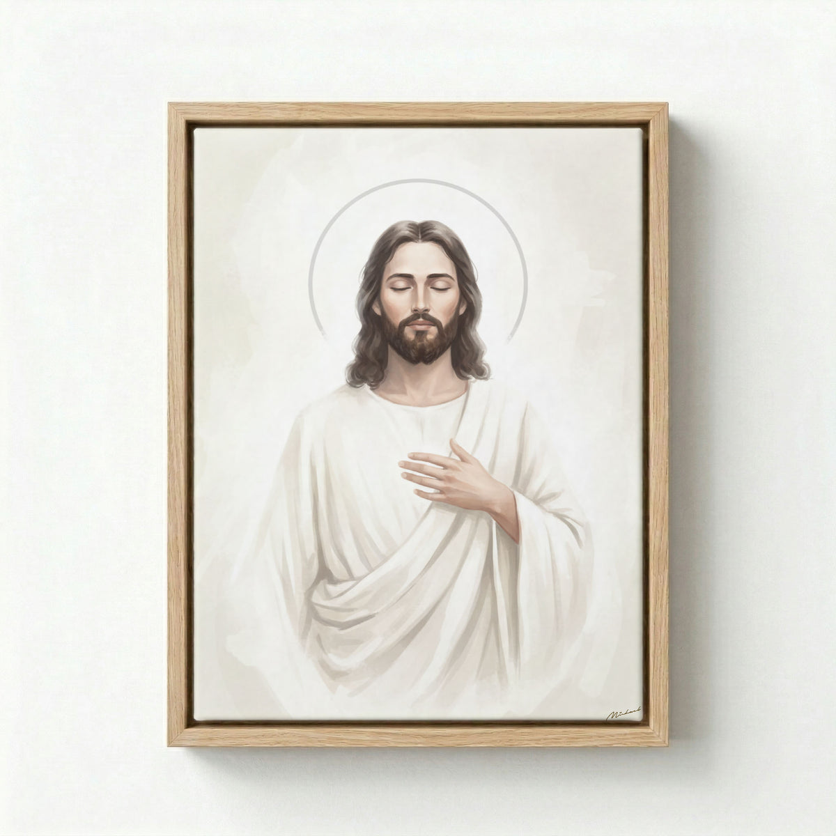 Black framed canvas with Jesus Christ portrait in white robe and golden halo on a neutral grey background.