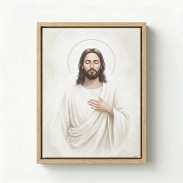 Black framed canvas with Jesus Christ portrait in white robe and golden halo on a neutral grey background.