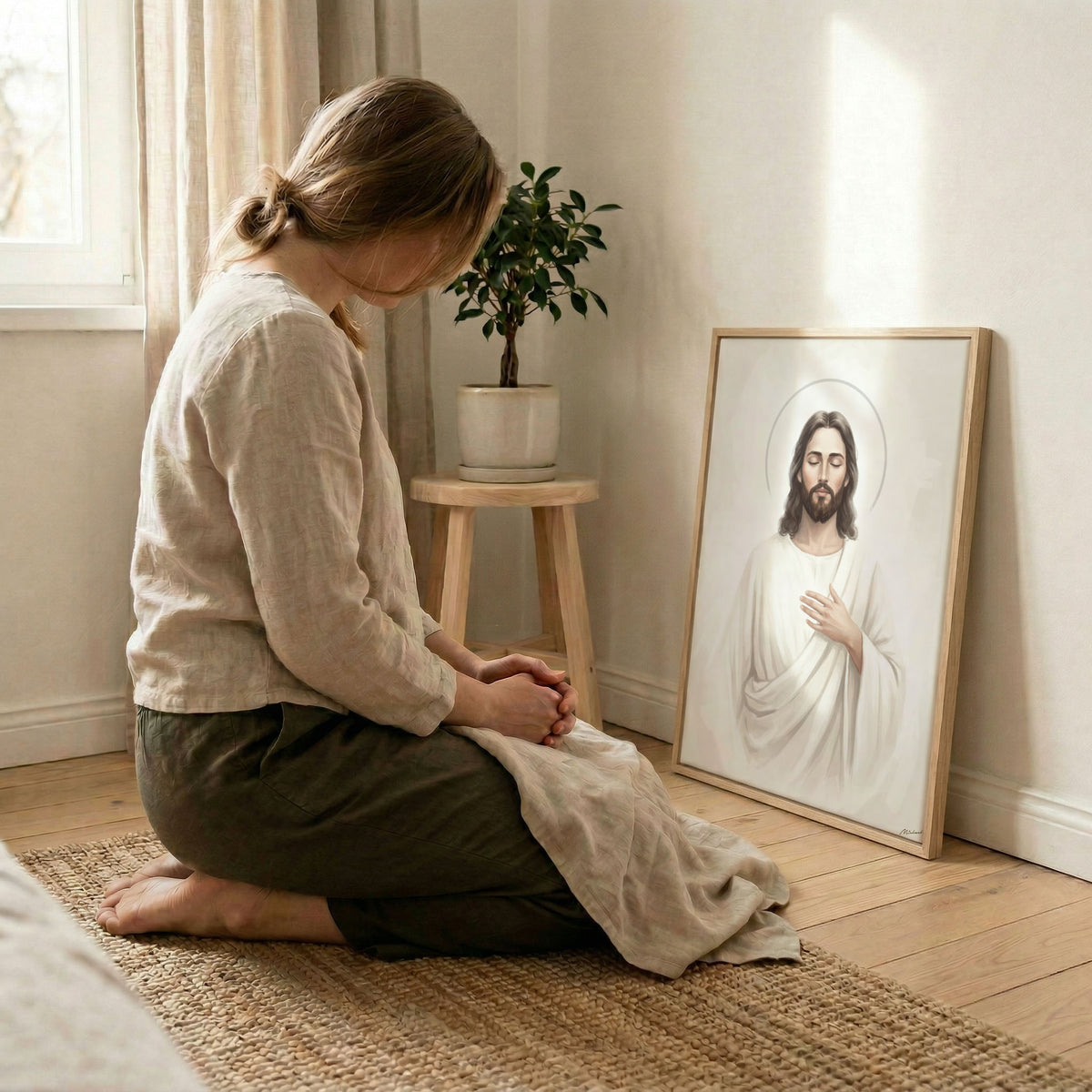 Woman kneeling in prayer beside Jesus Christ portrait canvas print leaning against bright room wall