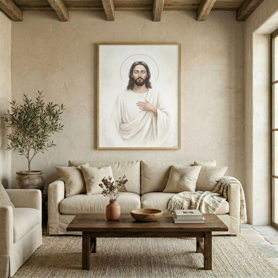 Black framed canvas with Jesus Christ portrait in white robe and golden halo on a neutral grey background.