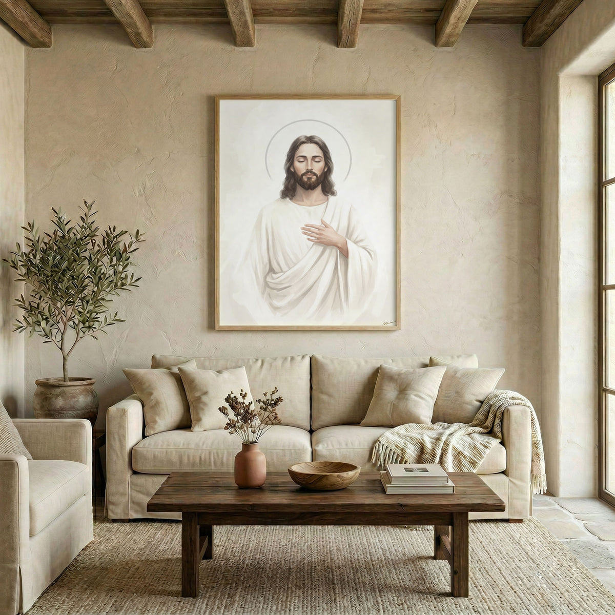 Modern living room featuring minimalist Jesus Christ portrait canvas art hanging above a stylish white sofa.