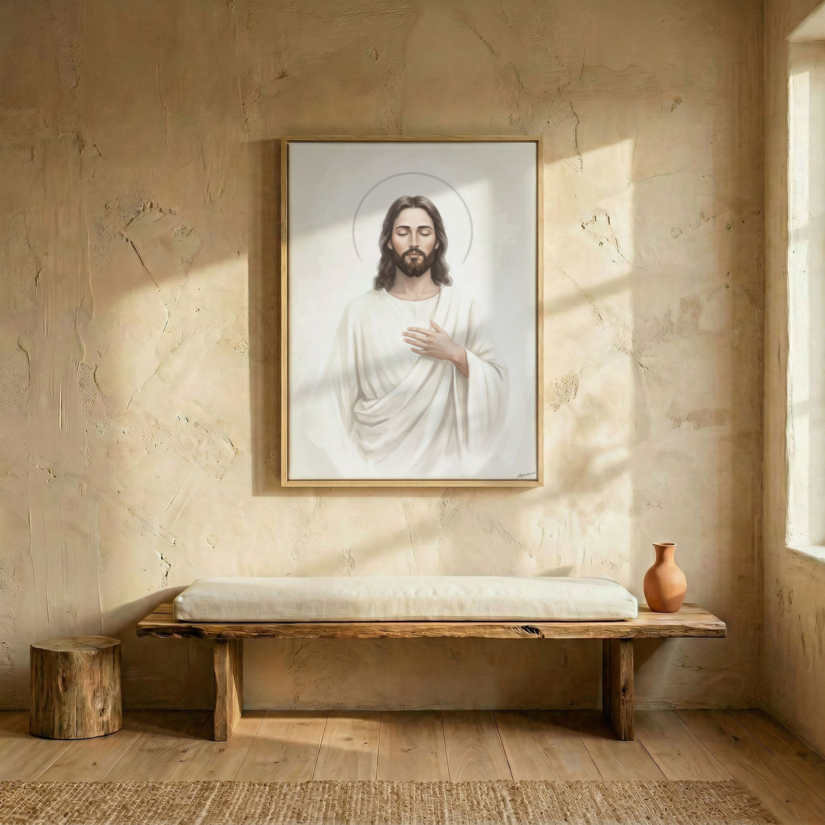 Rustic entryway with live-edge bench below framed Jesus Christ halo portrait canvas on plaster wall