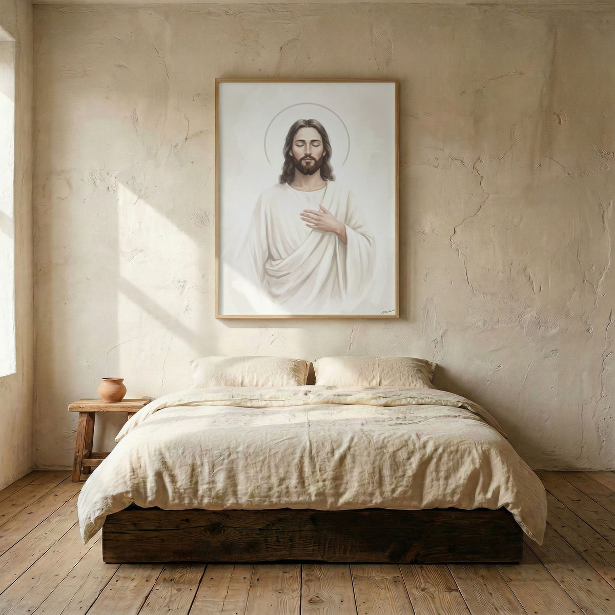 Minimalist bedroom with Jesus Christ portrait canvas print above linen bed on wood plank floor