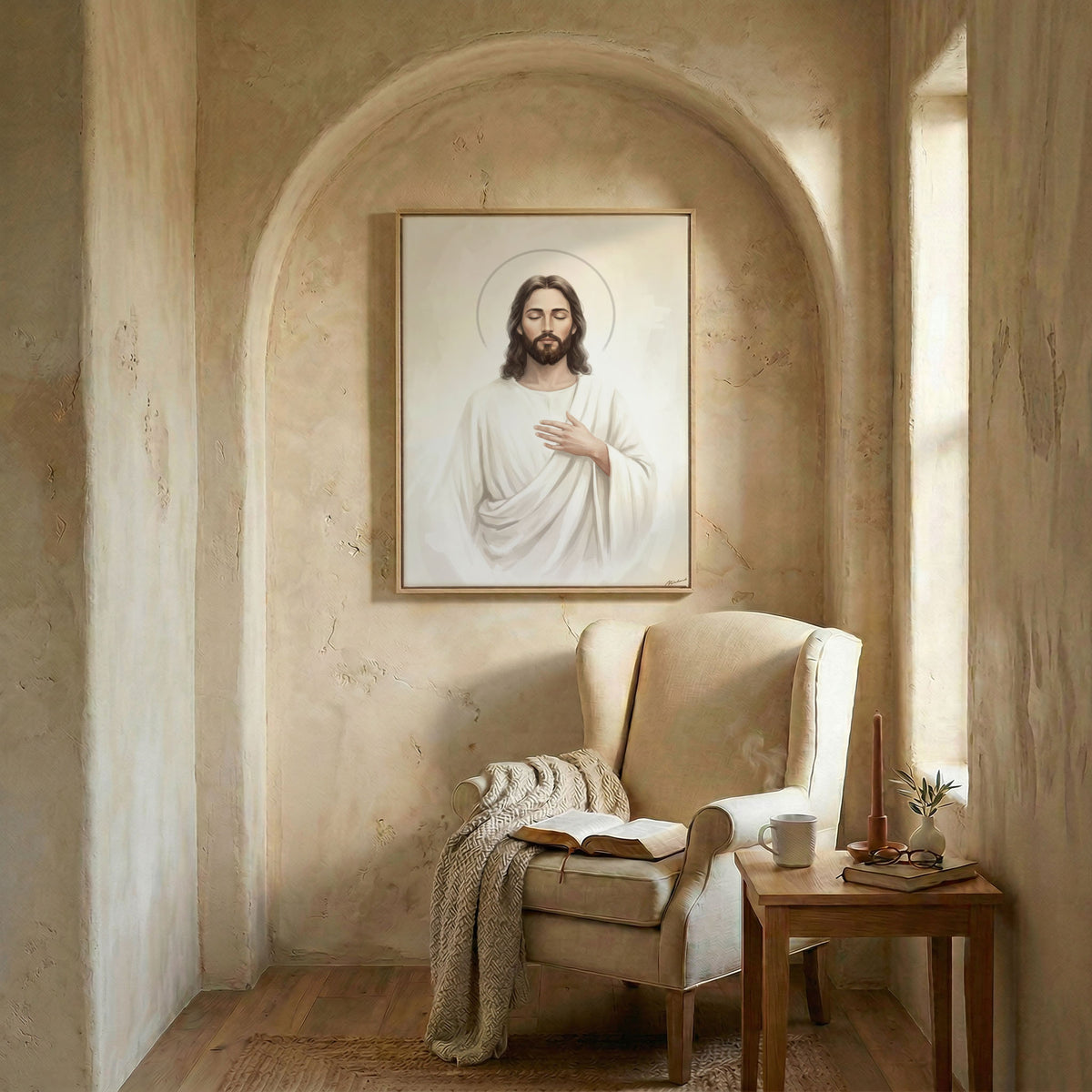 Arched reading nook with armchair and open Bible beneath Jesus Christ portrait framed canvas print