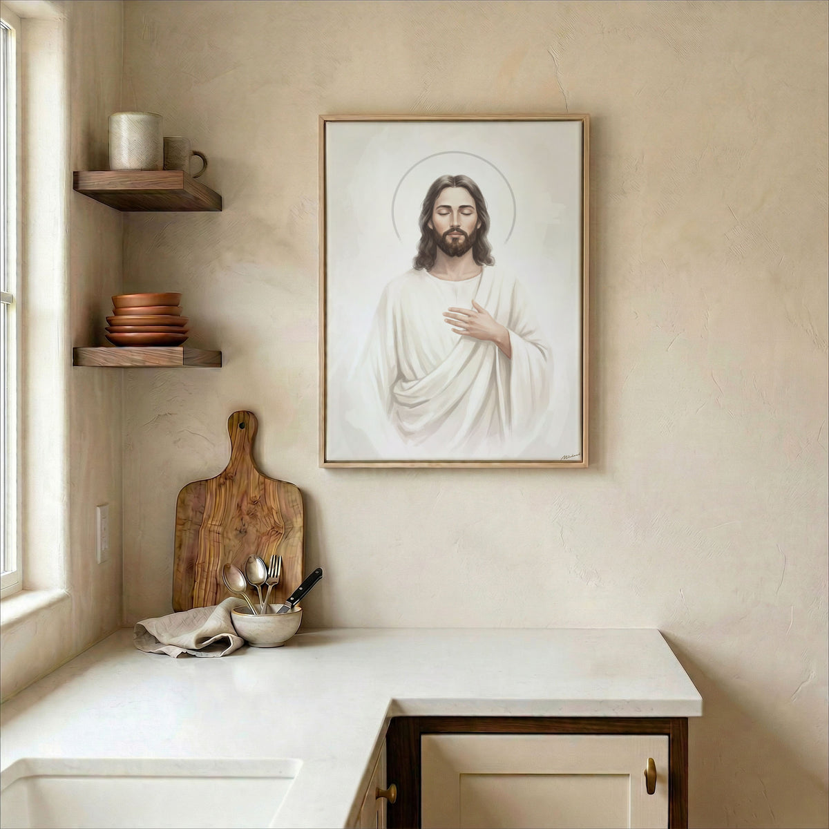 Bright kitchen wall with minimalist Jesus Christ portrait canvas beside open shelves and cutting board