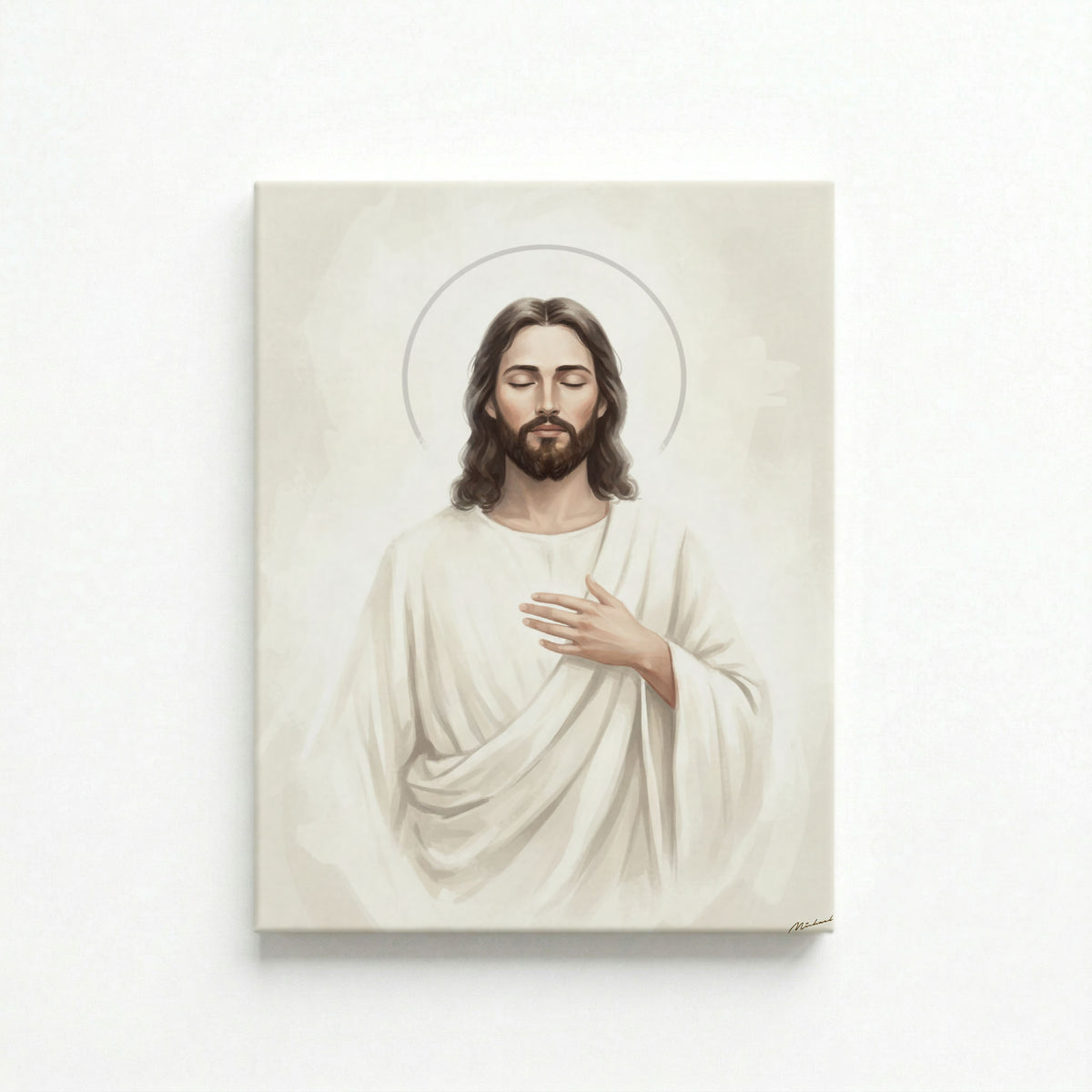 Unframed canvas print of Jesus Christ with halo hand on heart in white robe on soft cream background