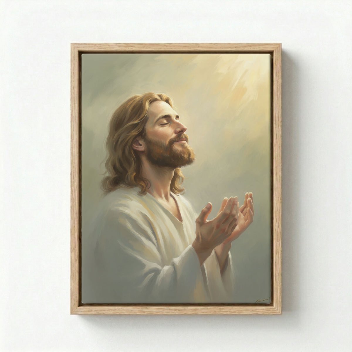 Black framed canvas with Jesus Christ praying design and divine light rays on a light grey background