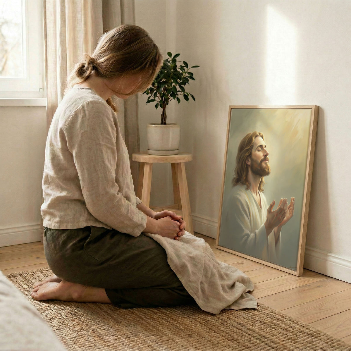 Bottom corner detail of the Jesus Christ praying canvas print showing high-quality tension and frame fit.