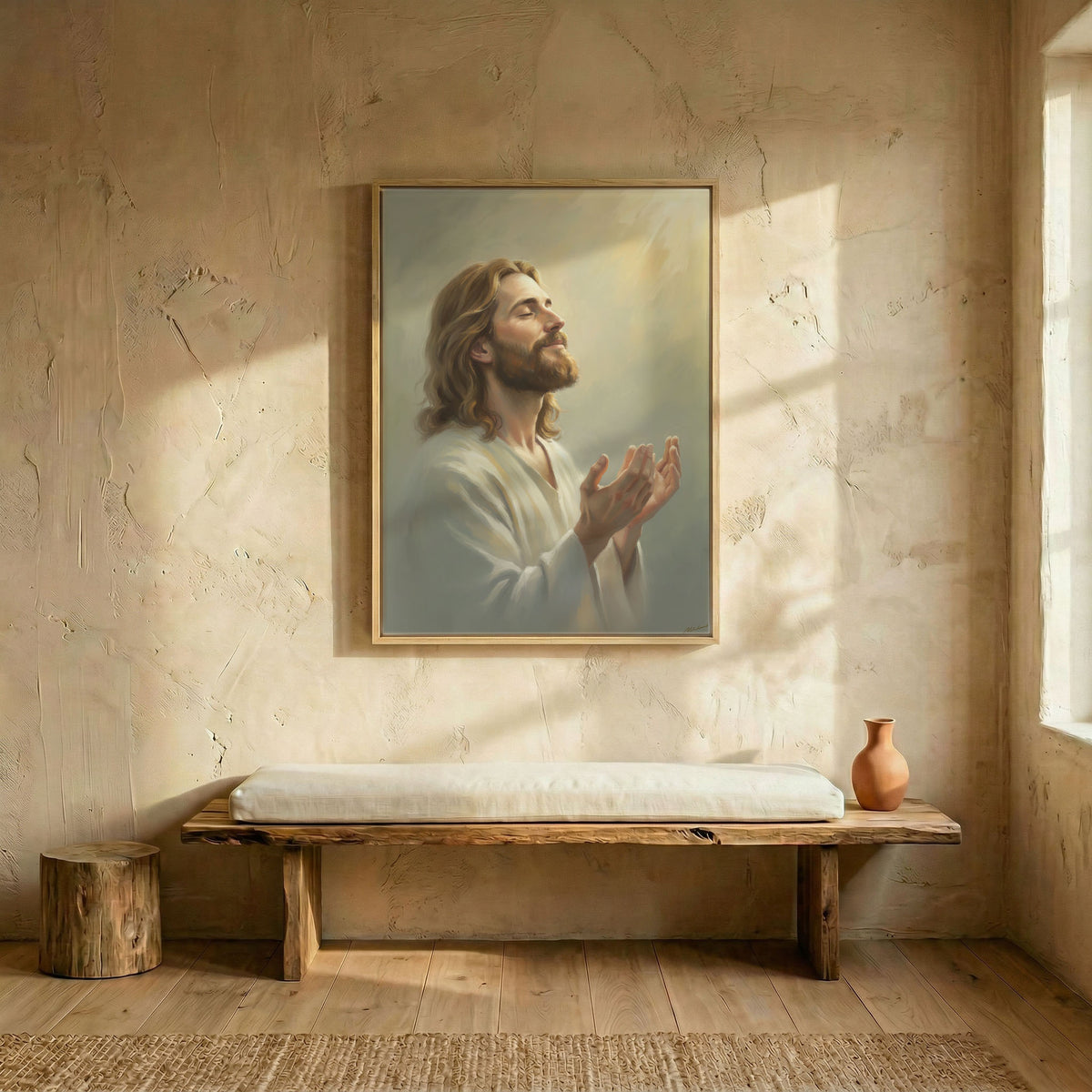 Minimalist hallway featuring the Jesus Christ praying spiritual wall art as a peaceful focal point.
