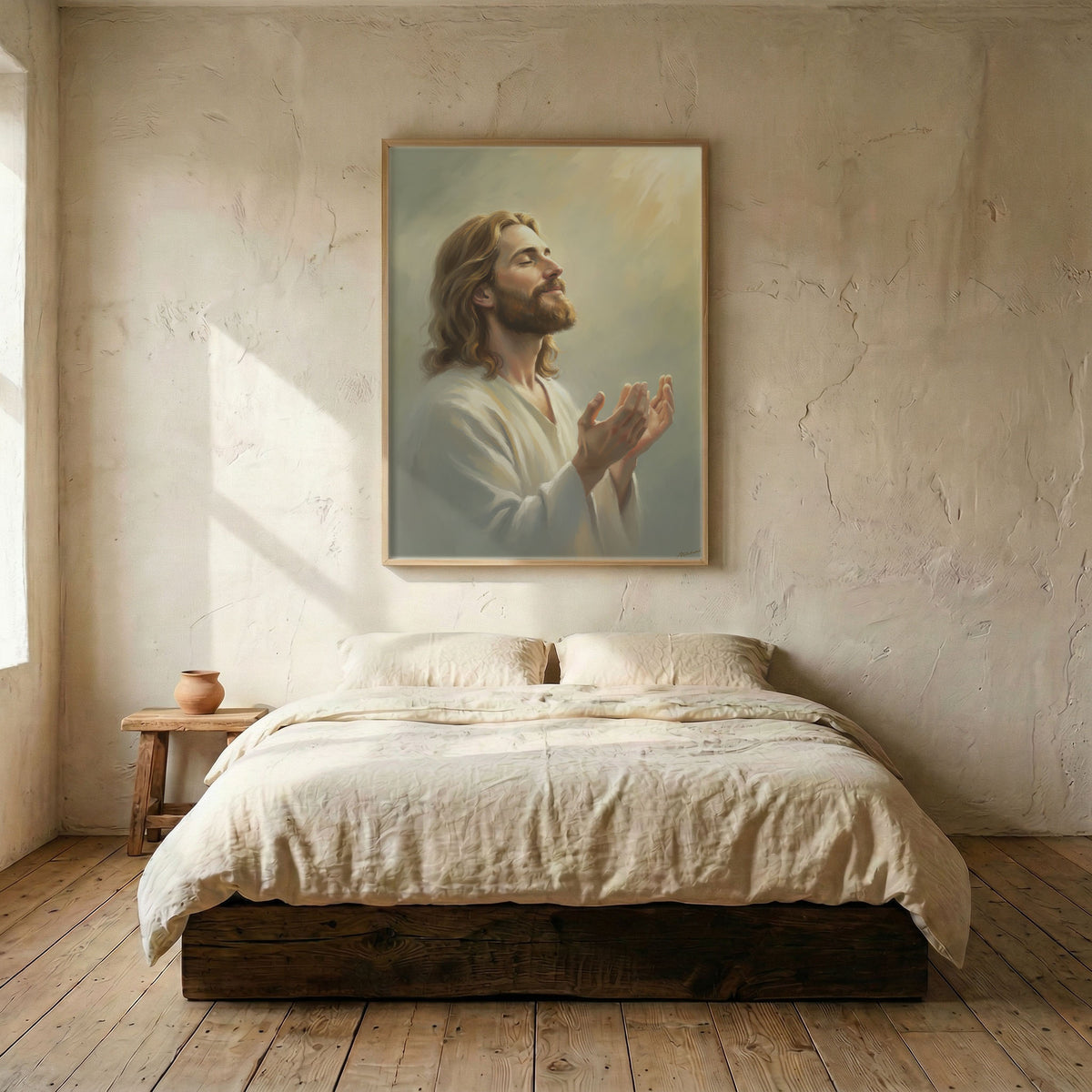Spiritual bedroom setting with Jesus Christ praying wall art displayed above a white bed with neutral pillows.