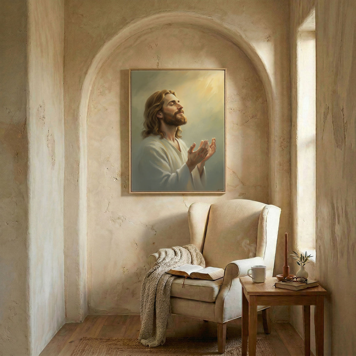 Home office desk setup with a smaller Jesus Christ praying canvas art piece leaning against a white wall.