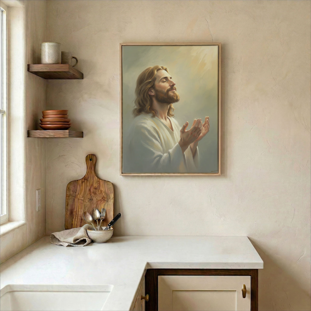 Contemporary dining room wall decorated with a large Jesus Christ praying canvas print in a black frame.