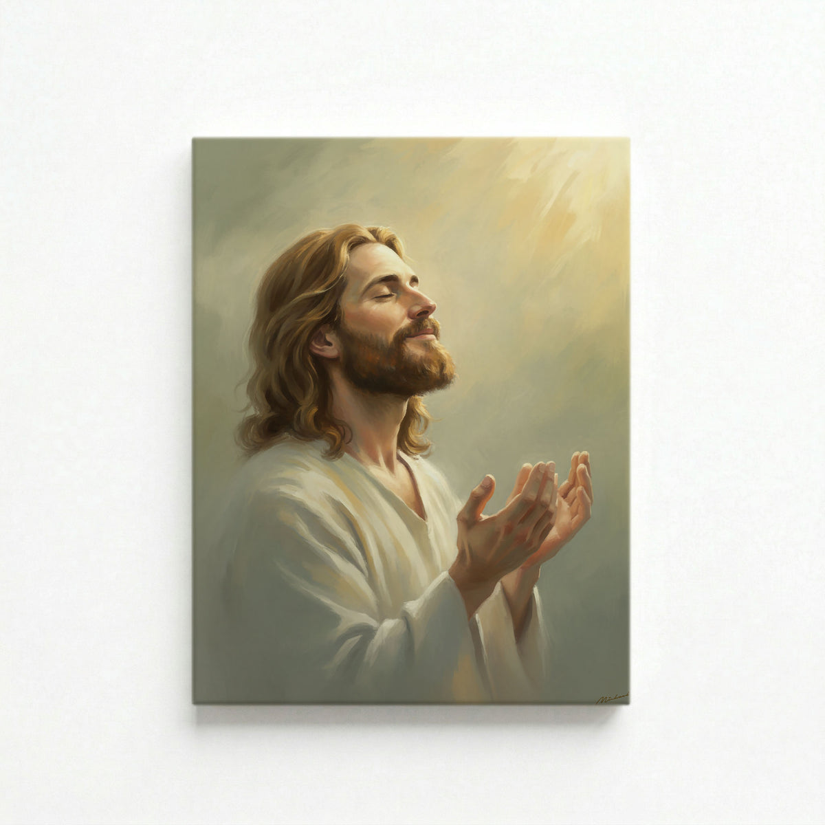 Side view of a thin black frame on the Jesus Christ praying canvas, highlighting the clean gallery finish.