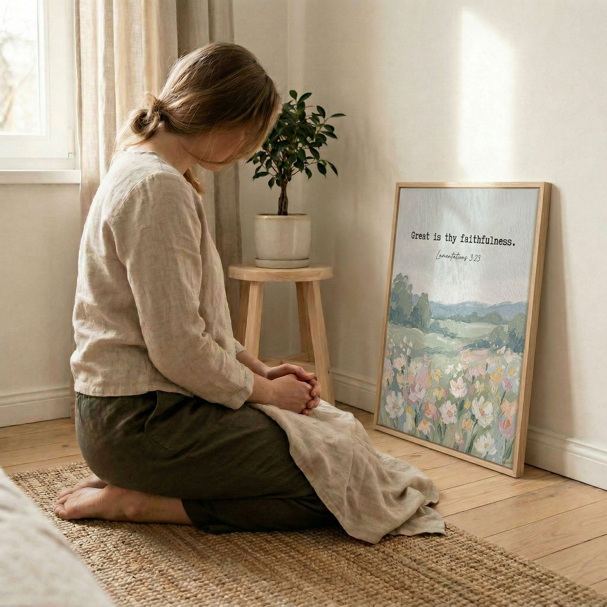 Woman kneeling in prayer beside Great Is Thy Faithfulness scripture art in wood frame