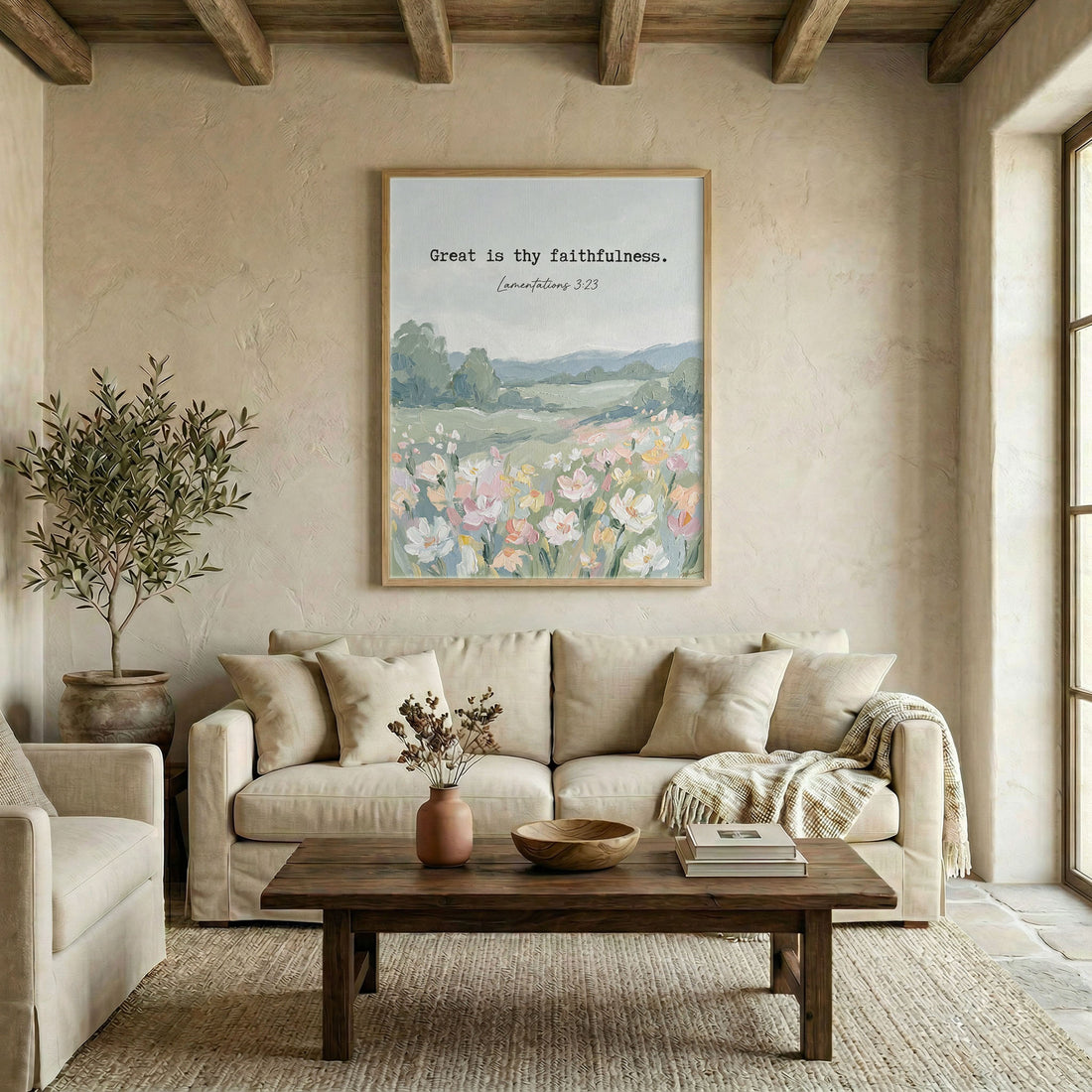 Canvas in natural wood floating frame with Great Is Thy Faithfulness quote in spring meadow