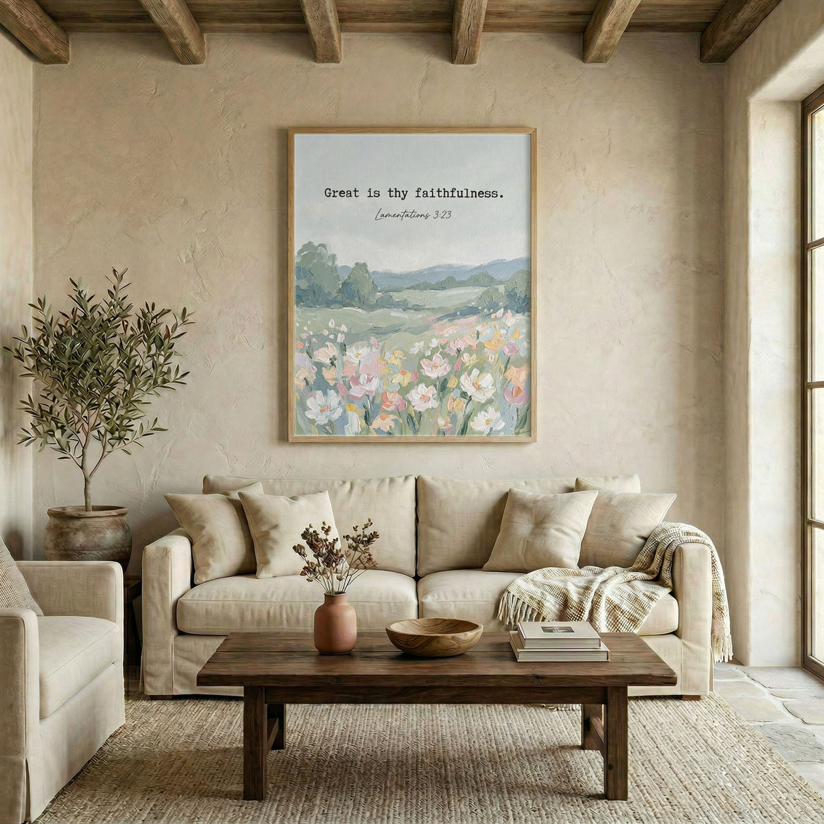 Large Lamentations 3:23 meadow canvas in wood frame above linen sofa in warm living room