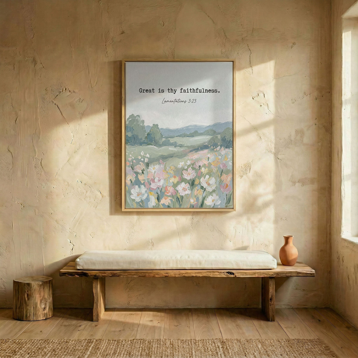 Great Is Thy Faithfulness oil painting canvas in wood frame above rustic bench in sunlit entryway