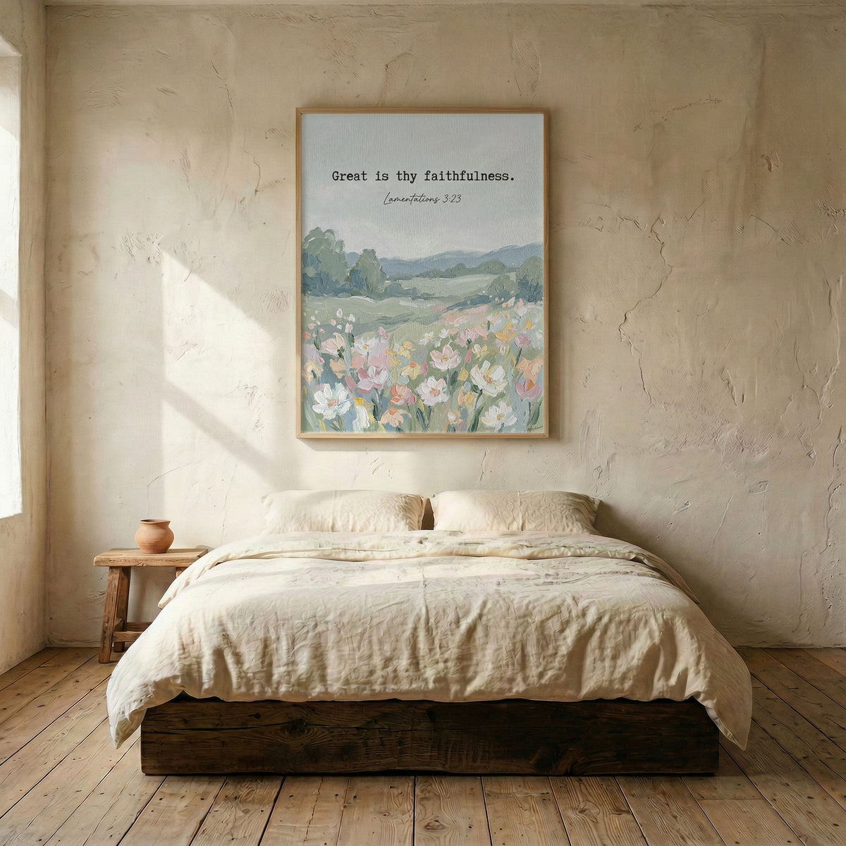 Scripture spring meadow canvas in wood frame mounted above linen platform bed in serene bedroom