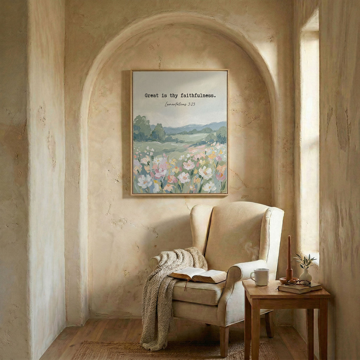 Bible verse art in wood frame in arched alcove above wingback chair with open Bible and candle