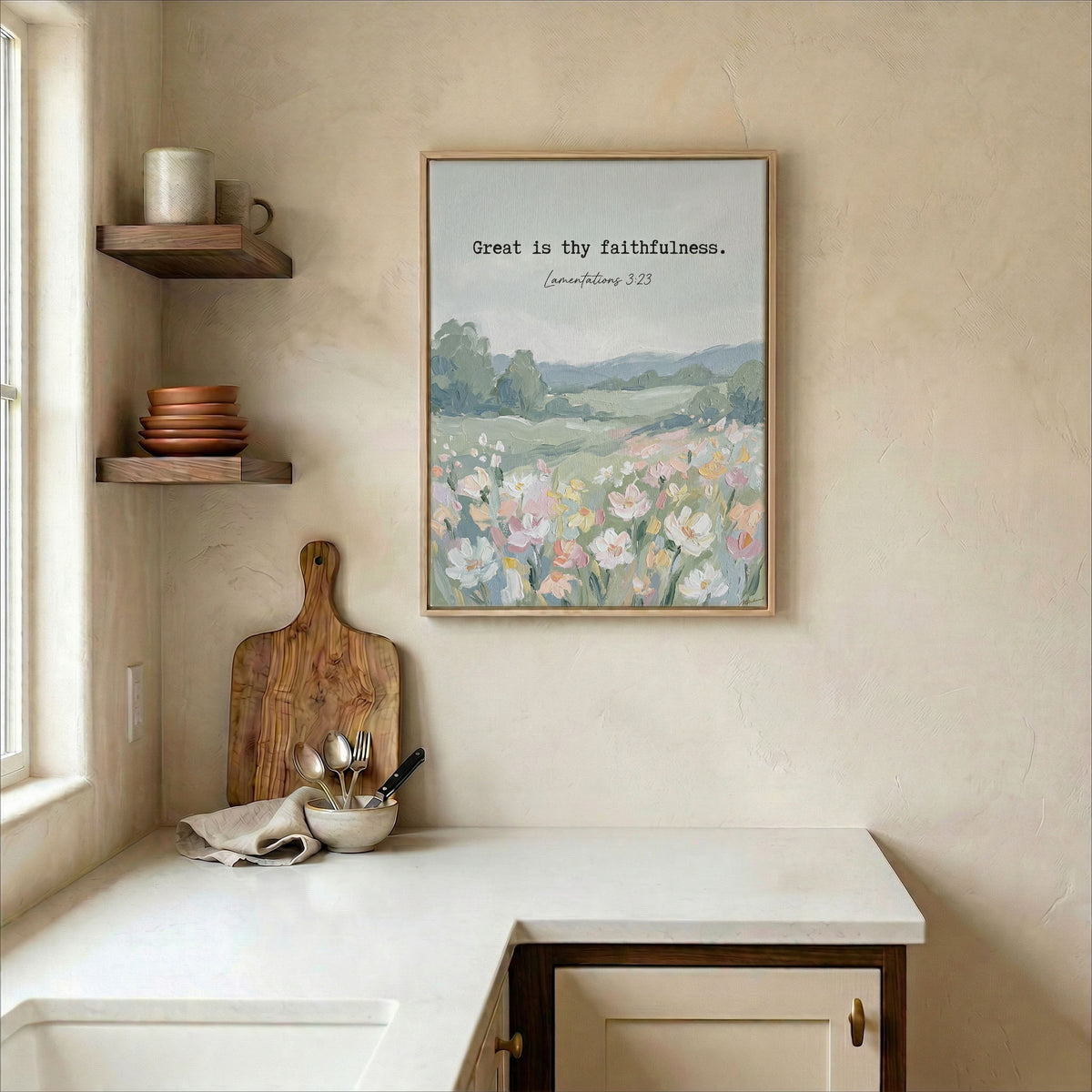 Great Is Thy Faithfulness canvas in wood frame on kitchen wall in warm neutral farmhouse interior