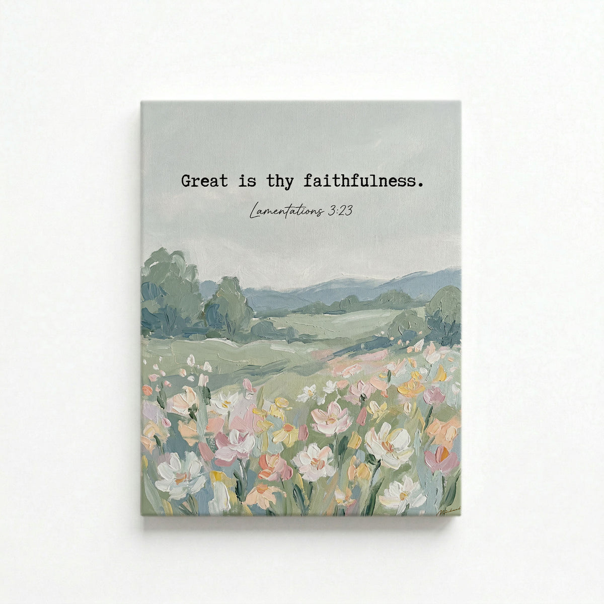 Vertical canvas of Great Is Thy Faithfulness in spring meadow on a white background