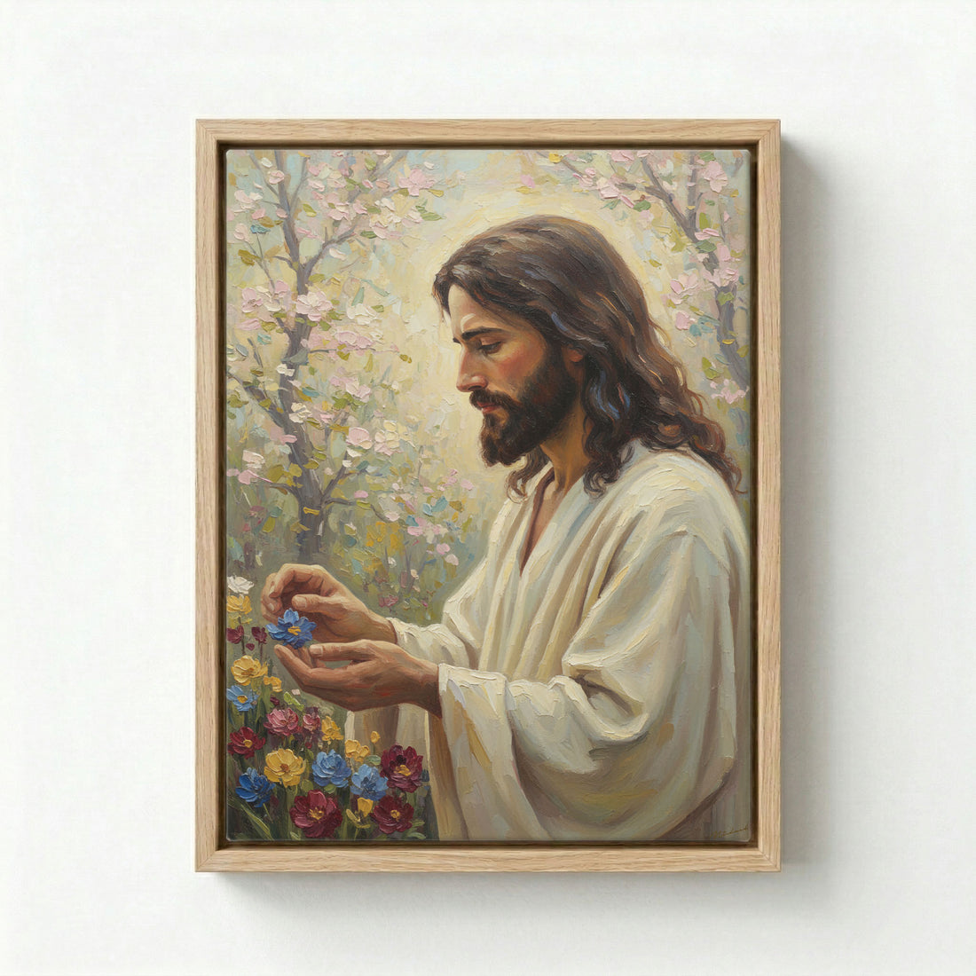 Jesus holding colorful flowers oil painting on white background