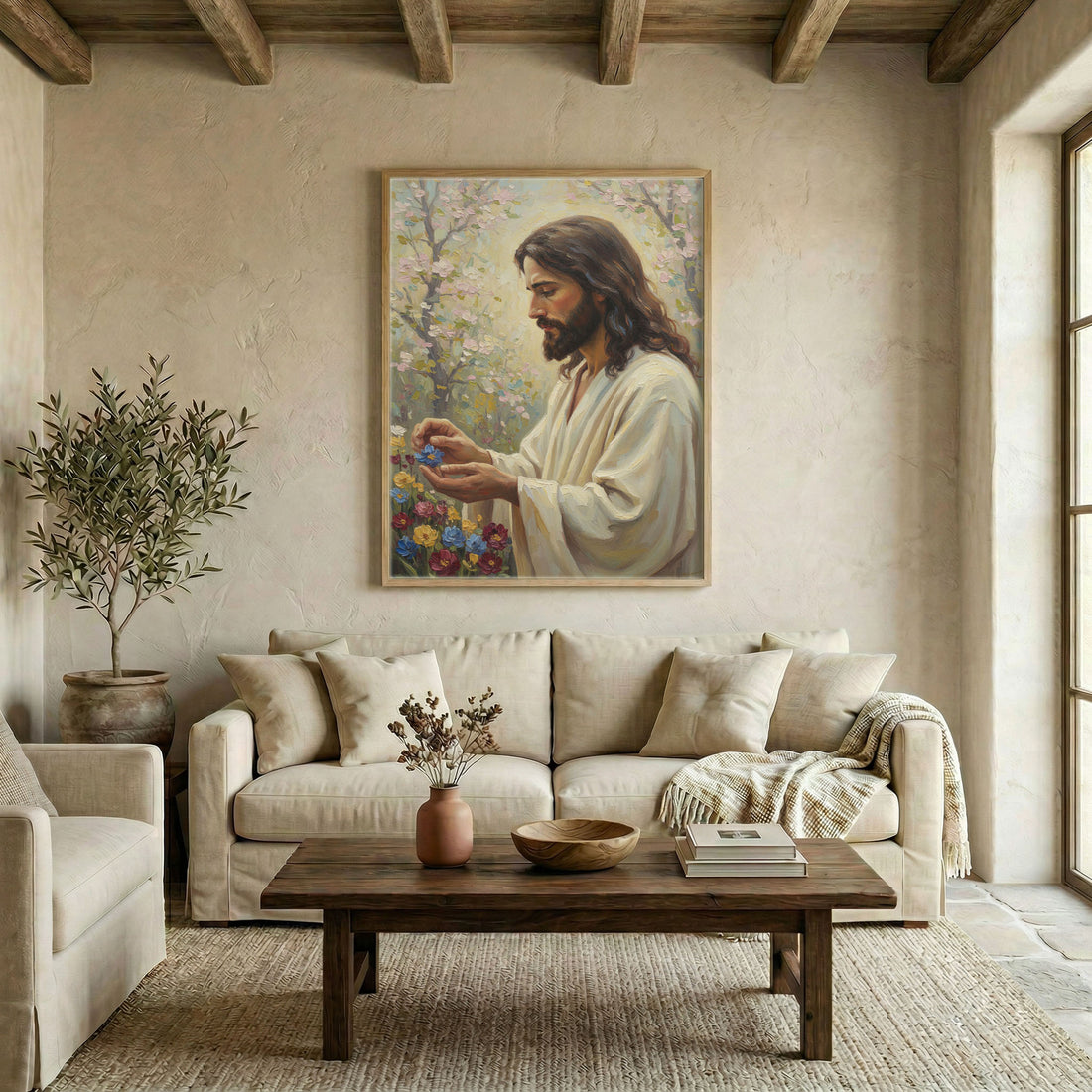 Jesus holding colorful flowers oil painting on white background