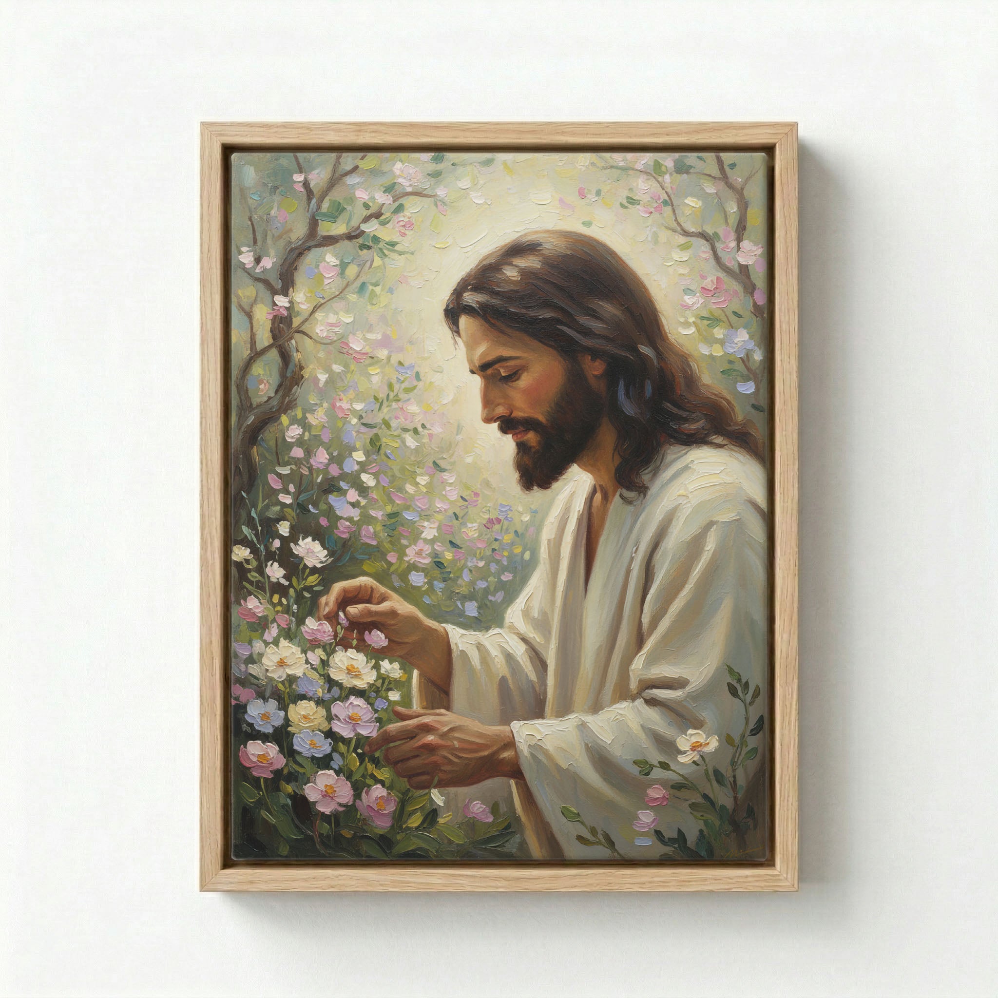 Framed canvas print of Jesus tending pink spring blossom garden in white robe on white background