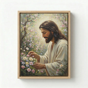 Framed canvas print of Jesus tending pink spring blossom garden in white robe on white background