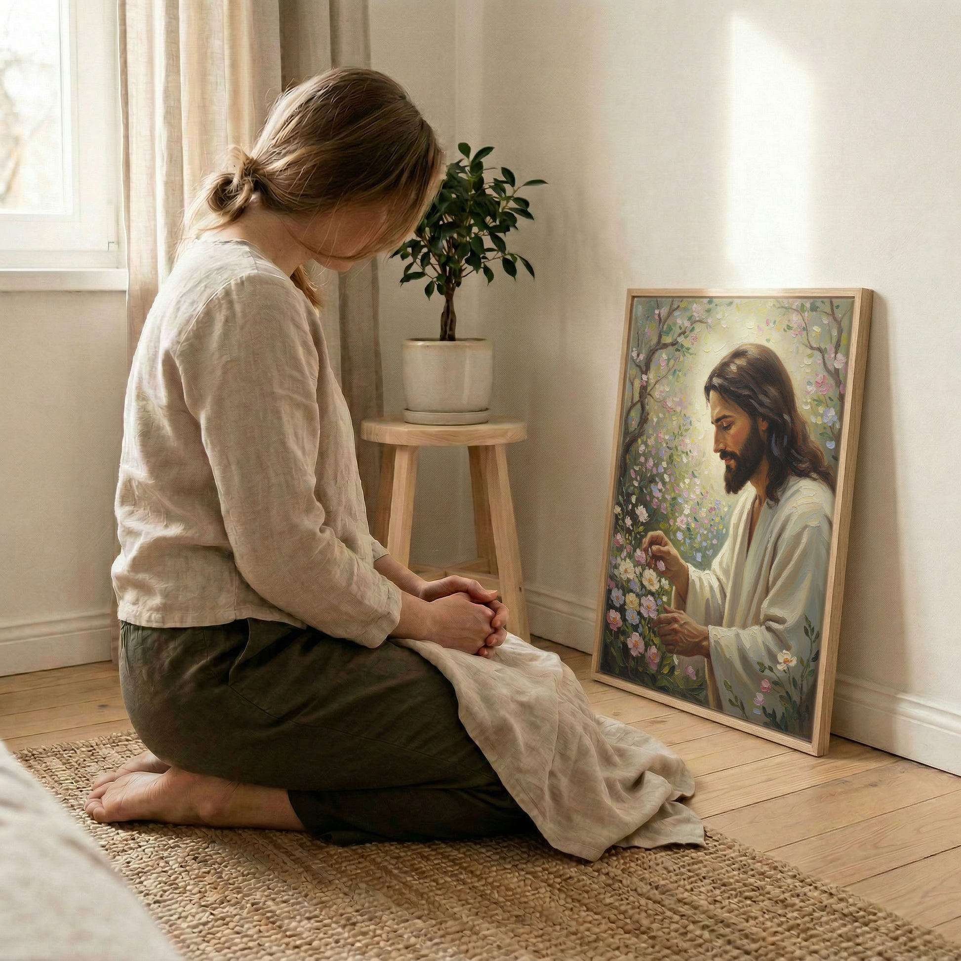 Woman kneeling in prayer beside Jesus tending garden canvas print leaning against bright room wall