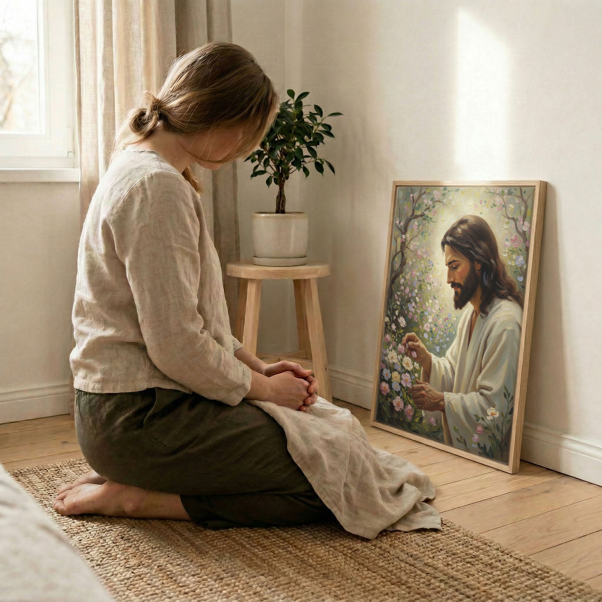 Woman kneeling in prayer beside Jesus tending garden canvas print leaning against bright room wall