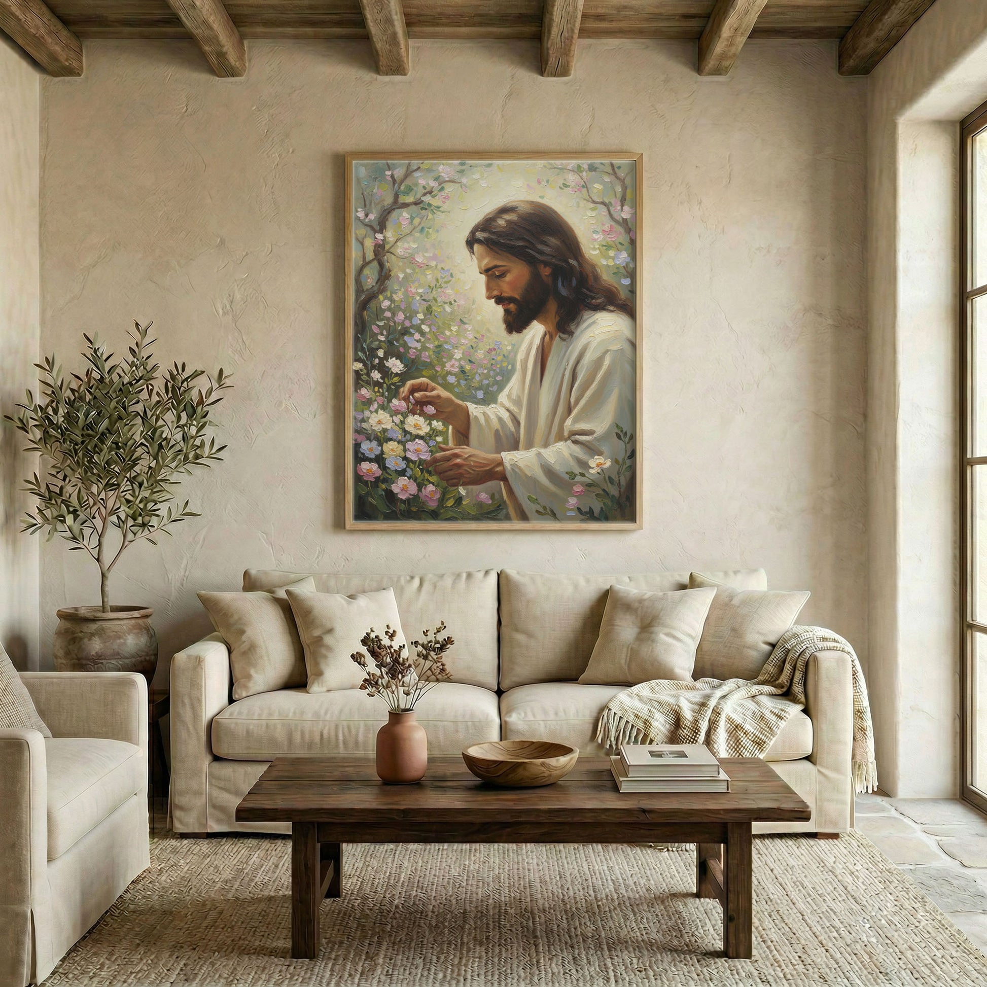 Farmhouse living room with Jesus tending spring garden oil painting canvas above neutral linen sofa
