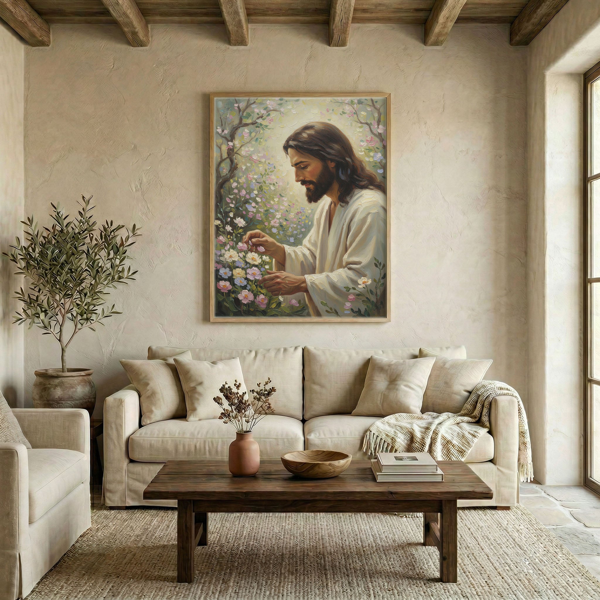 Farmhouse living room with Jesus tending spring garden oil painting canvas above neutral linen sofa