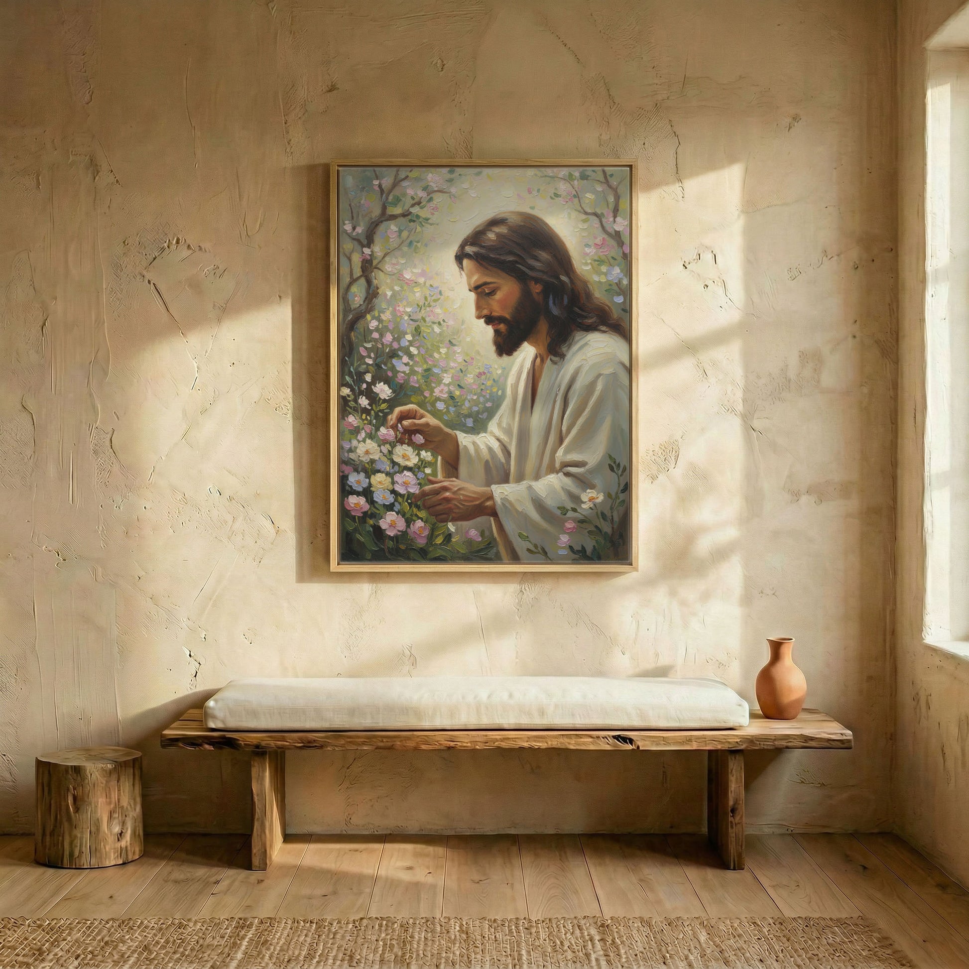 Rustic entryway with live-edge bench below framed Jesus tending garden canvas on plaster wall