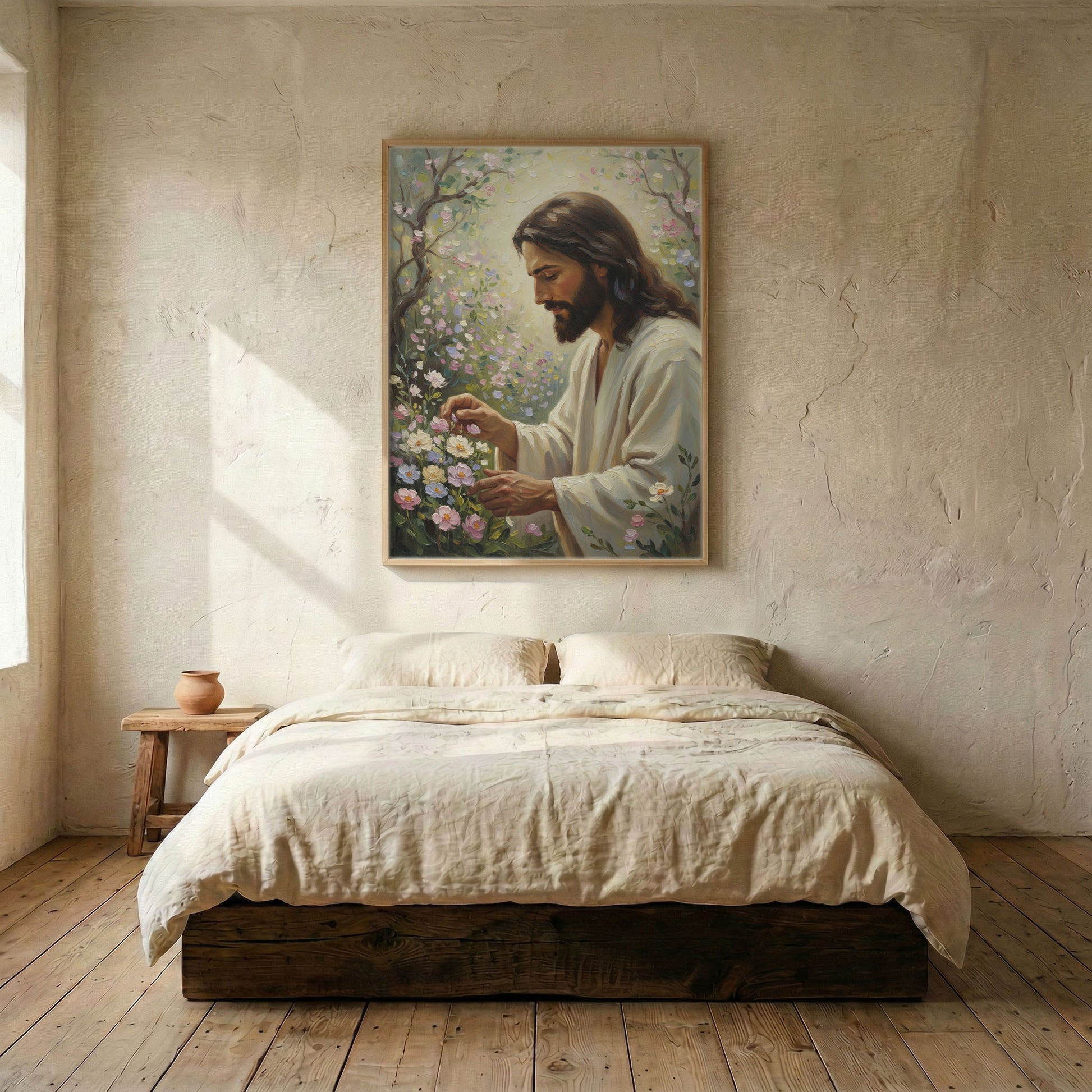 Minimalist bedroom with Jesus tending garden canvas print above linen bed on wood plank floor