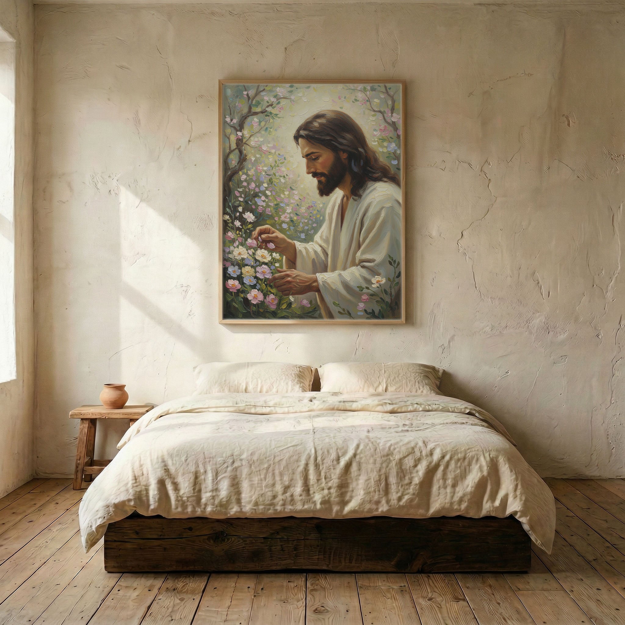 Minimalist bedroom with Jesus tending garden canvas print above linen bed on wood plank floor