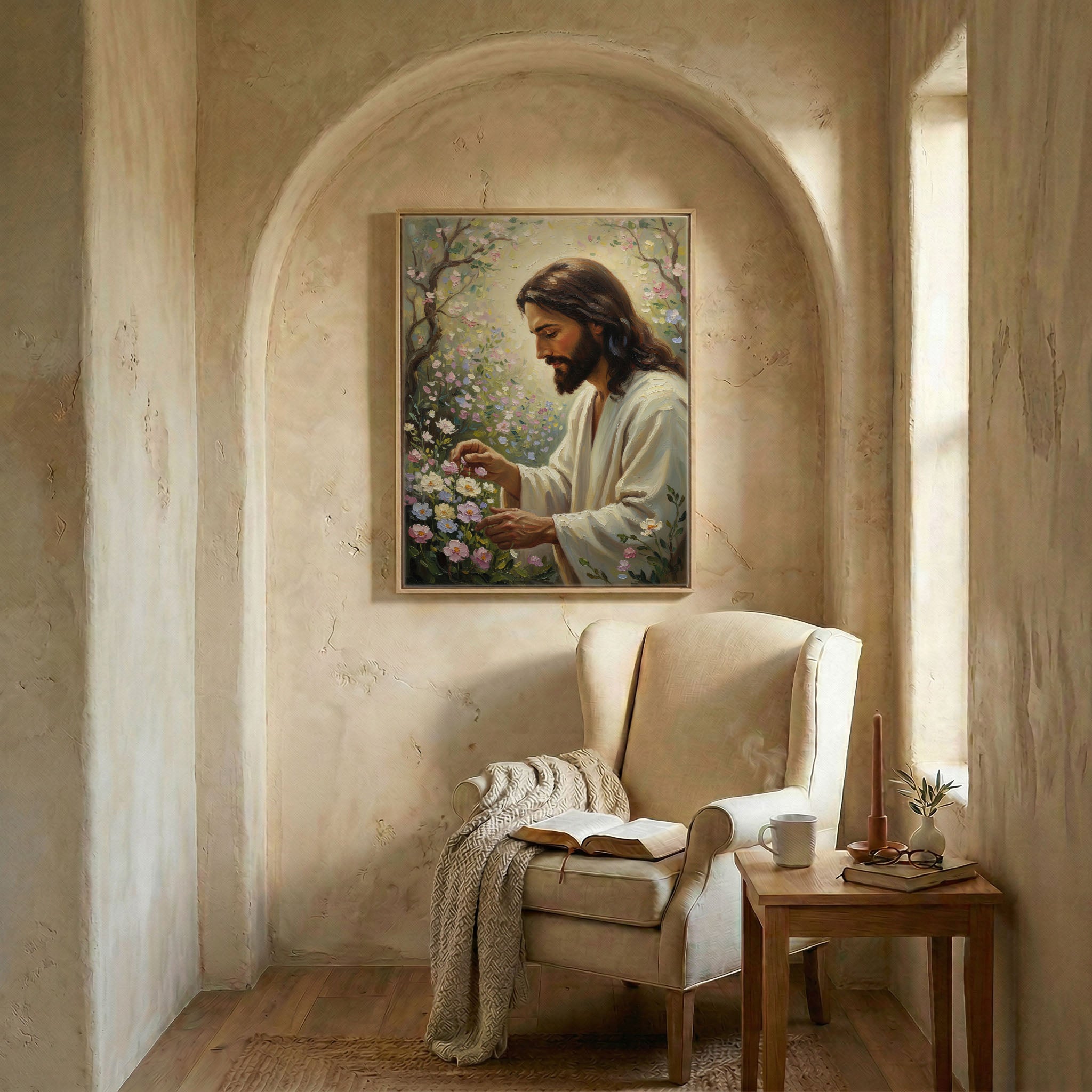 Arched reading nook with armchair and open Bible beneath Jesus tending garden framed canvas print