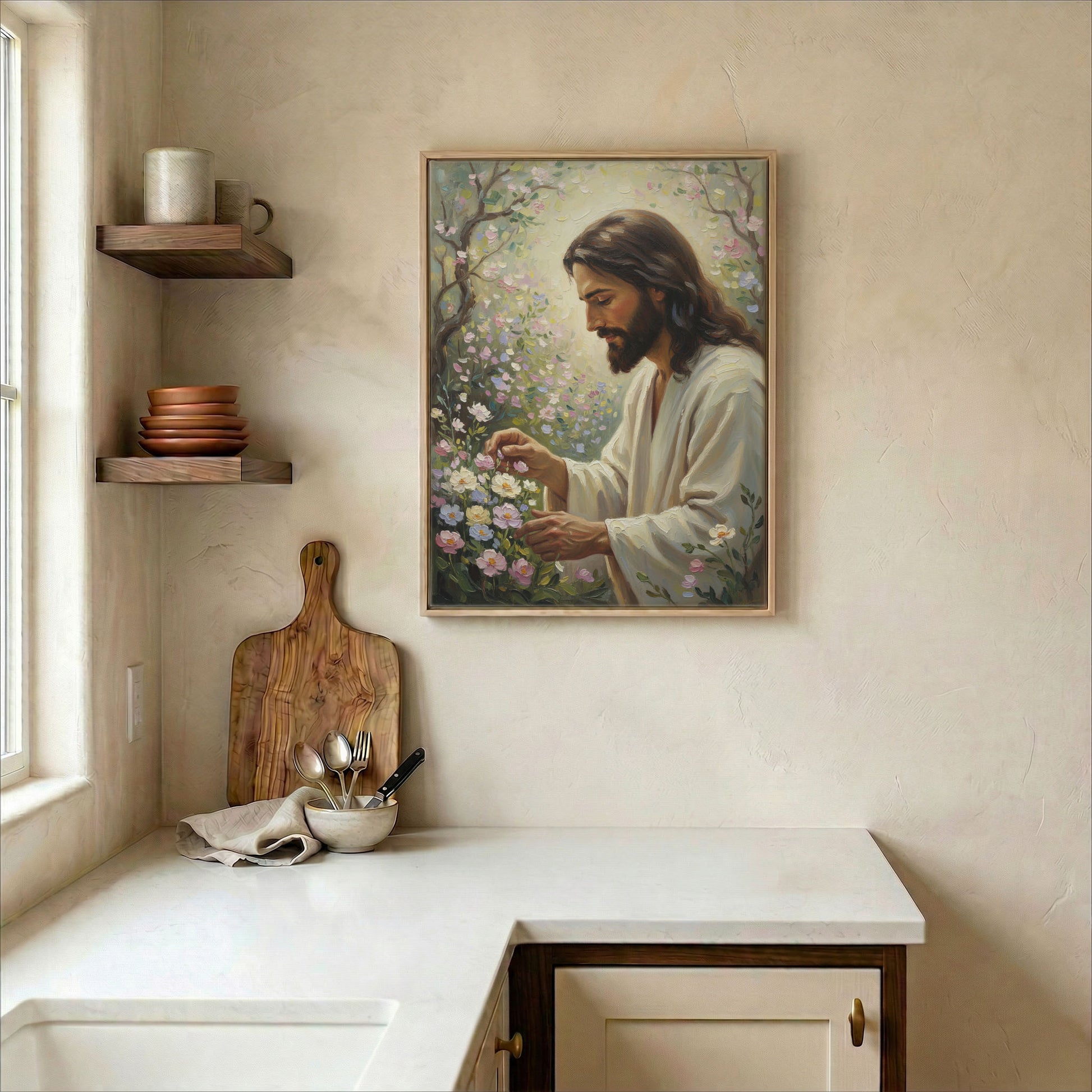 Bright kitchen wall with Jesus tending spring garden canvas beside open shelves and wood cutting board