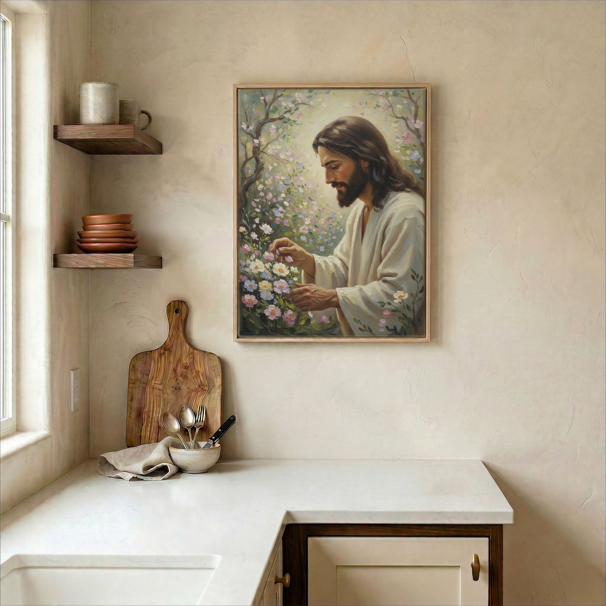 Bright kitchen wall with Jesus tending spring garden canvas beside open shelves and wood cutting board
