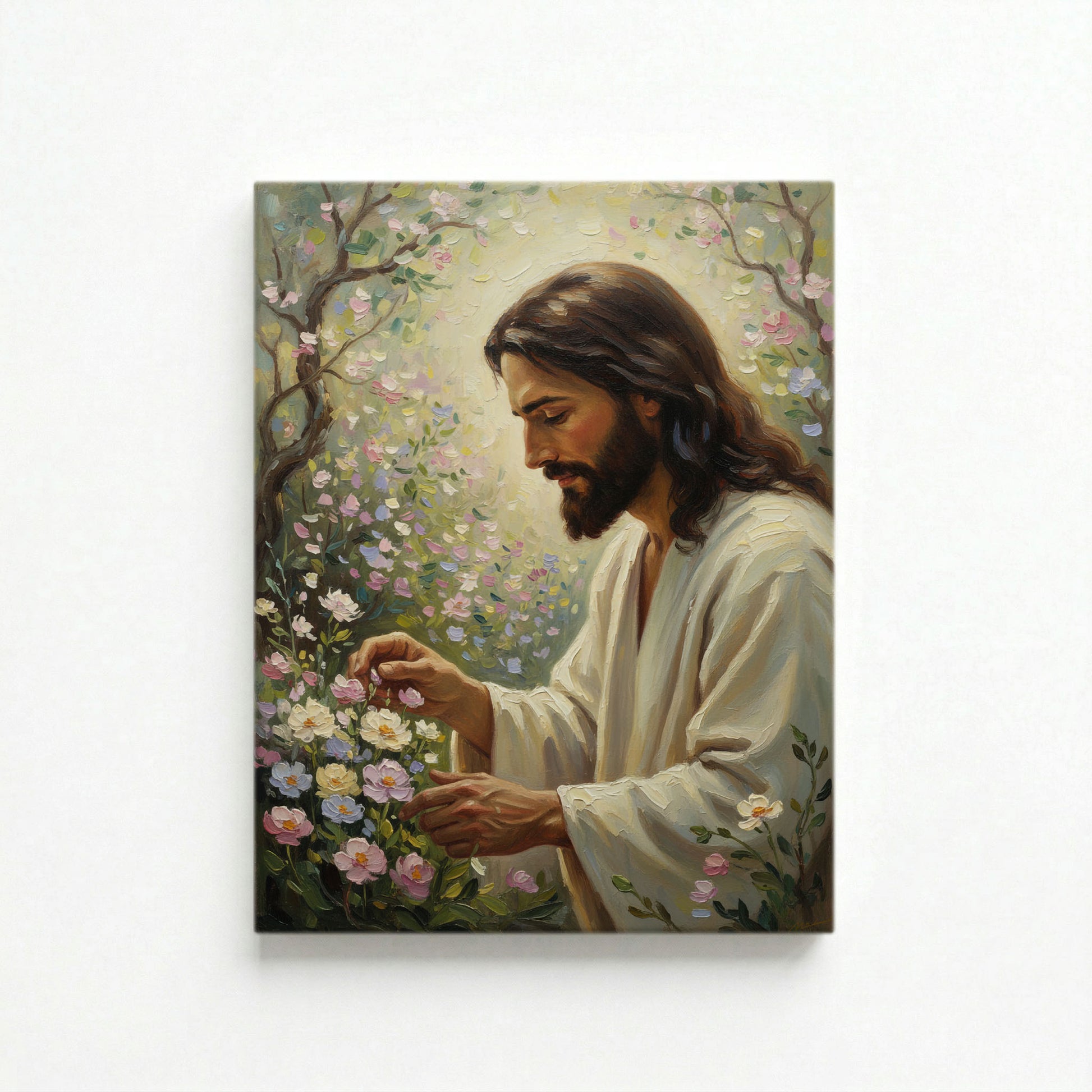 Unframed canvas print of Jesus tending pink and white spring blossom garden with soft golden glow