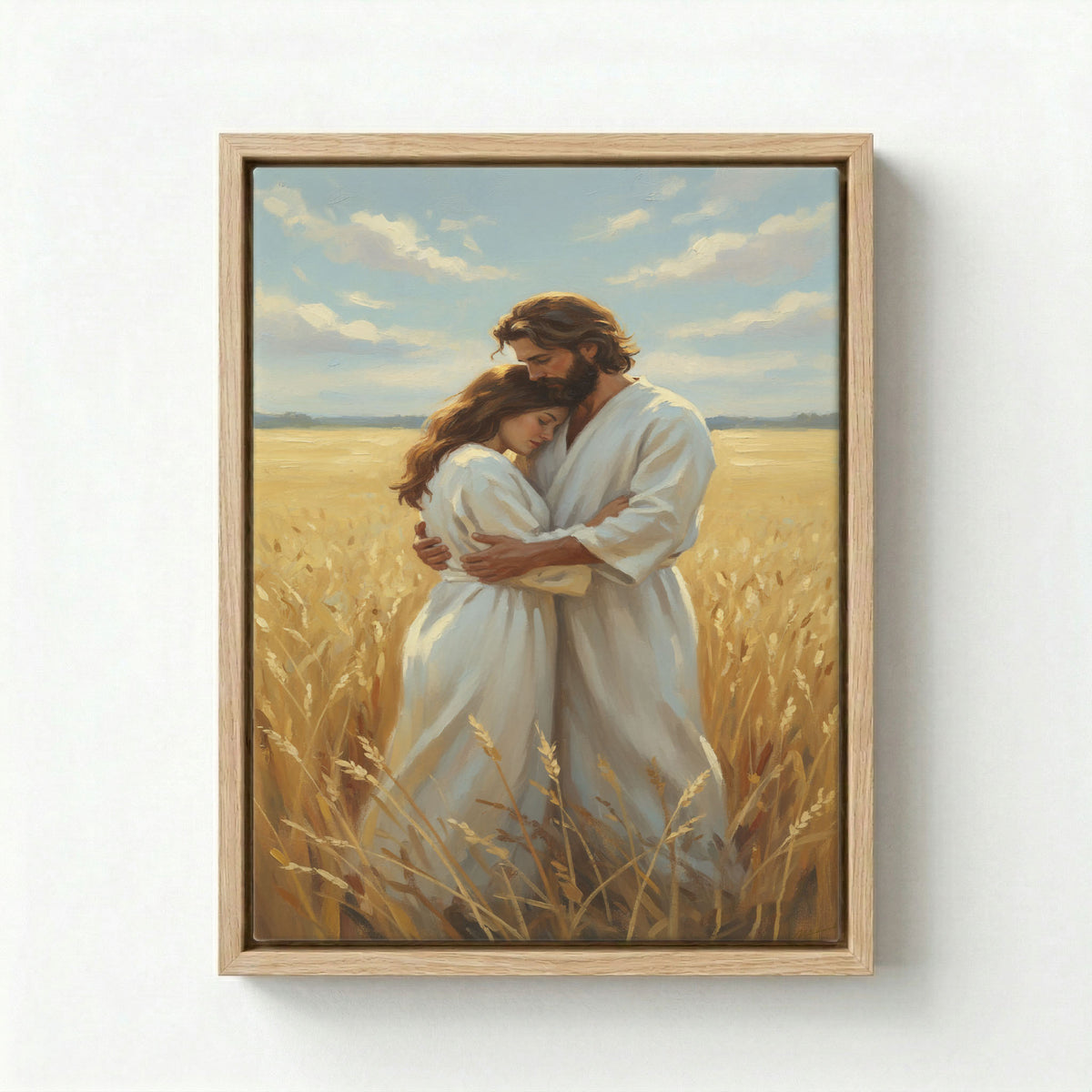 Framed canvas print of Jesus embracing woman in white robes in golden wheat field on white background