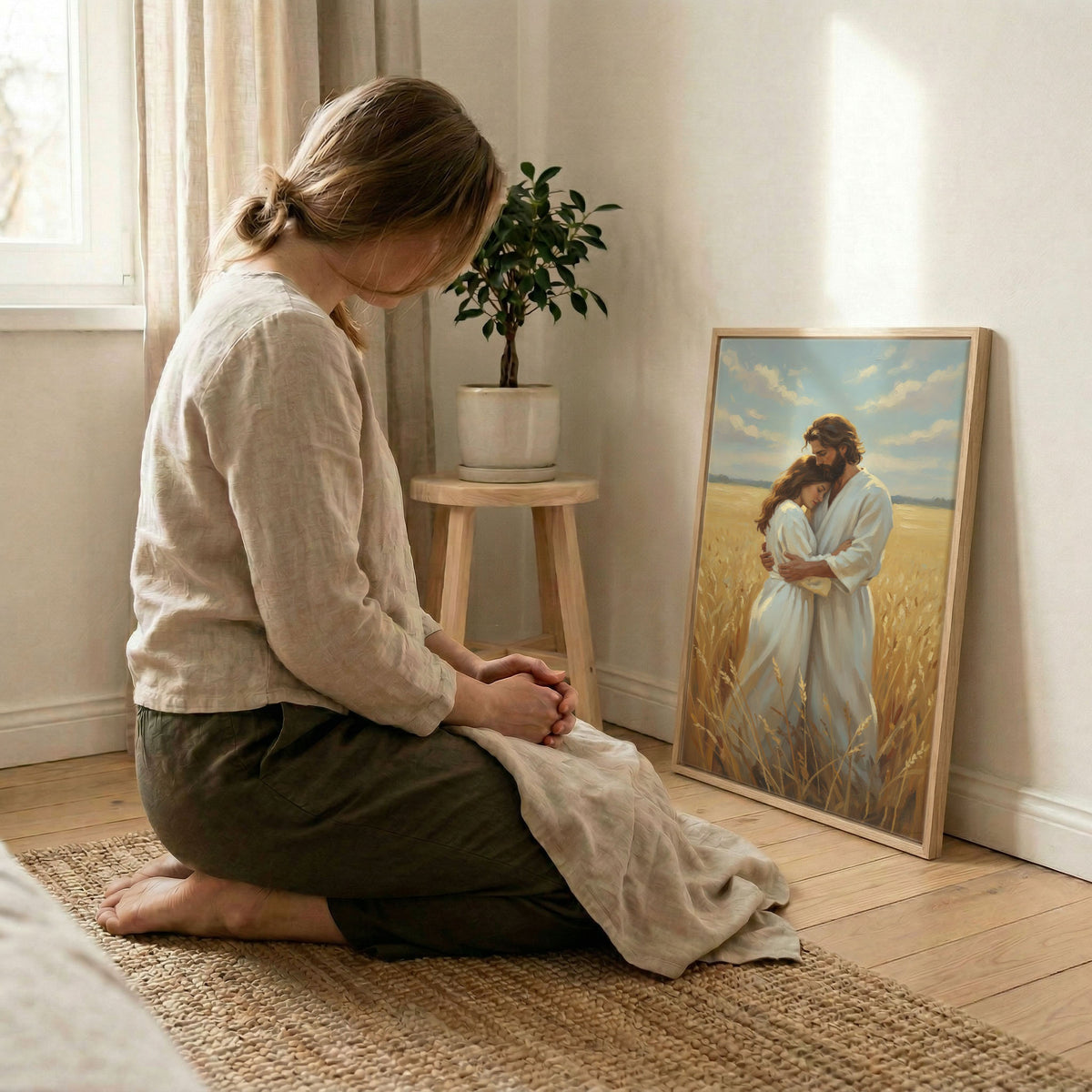 Woman kneeling in prayer beside Jesus embracing woman canvas print leaning against bright room wall
