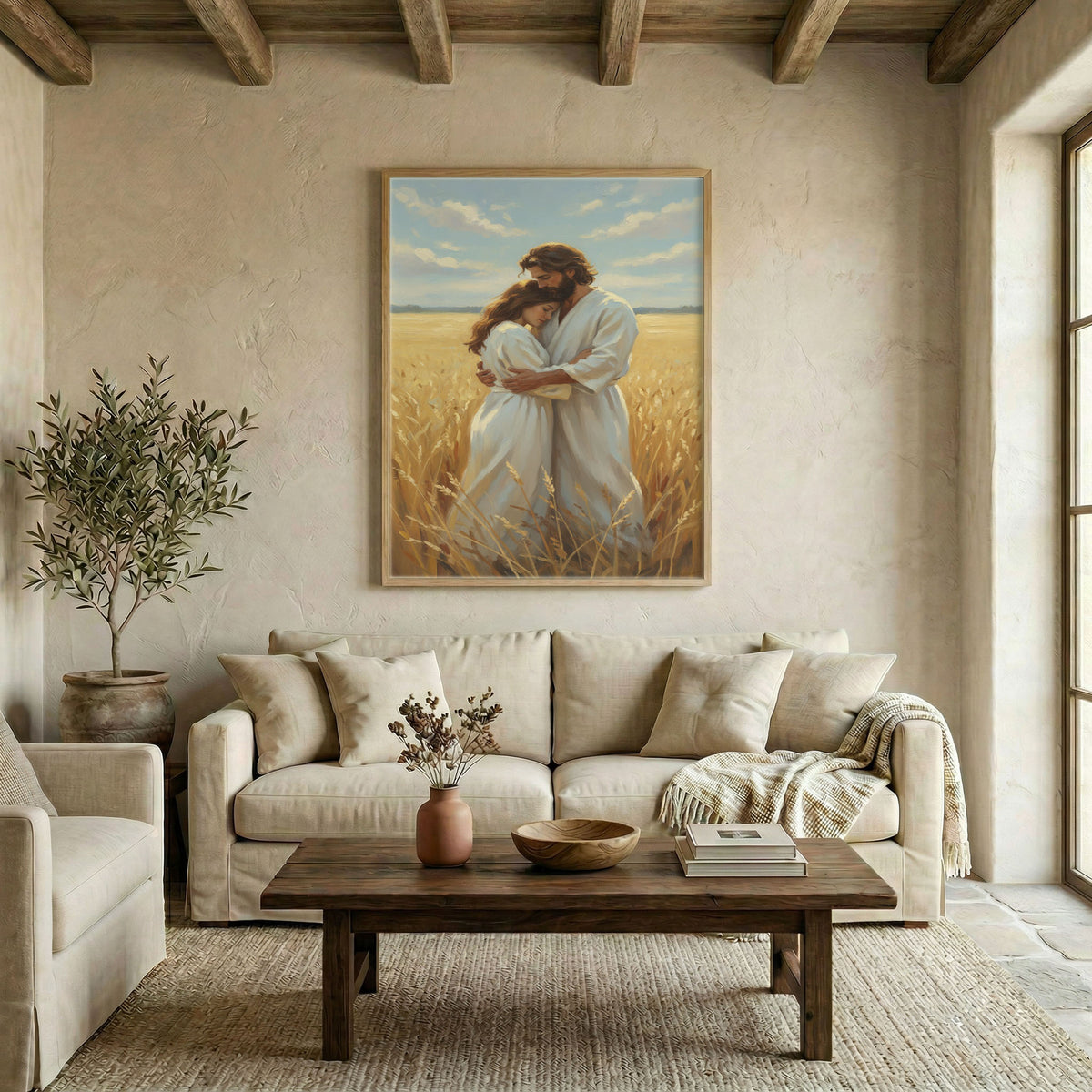 Farmhouse living room with Jesus embracing woman oil painting canvas above neutral linen sofa