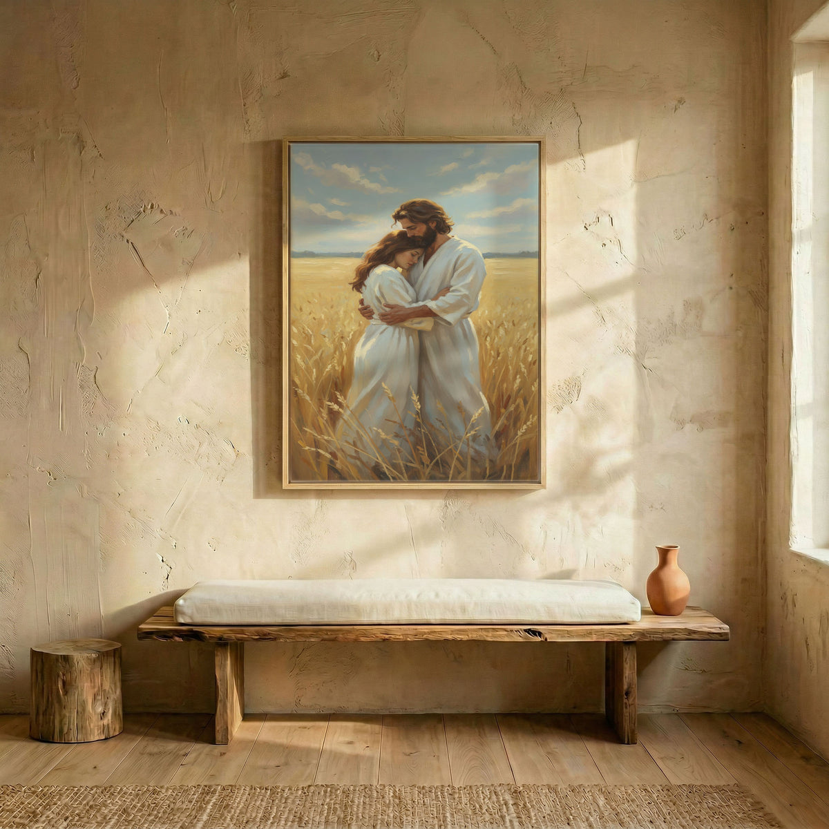Rustic entryway with live-edge bench below Jesus embracing woman framed canvas on plaster wall